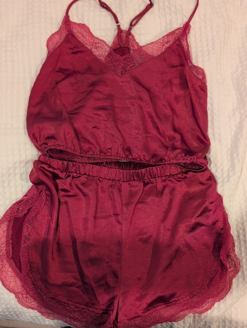 Lulu's Satin Lace-Trim Wine Cami & Short Set